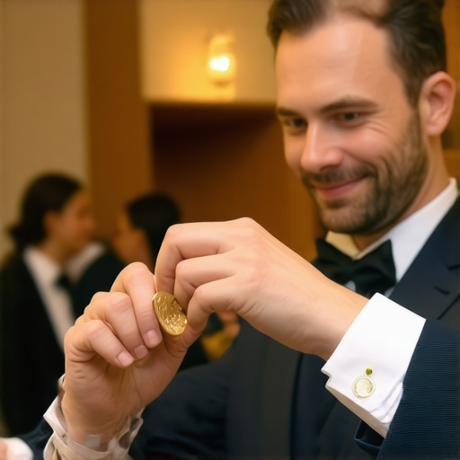 Magician performing coin trick for attentive guests at a professional gathering.