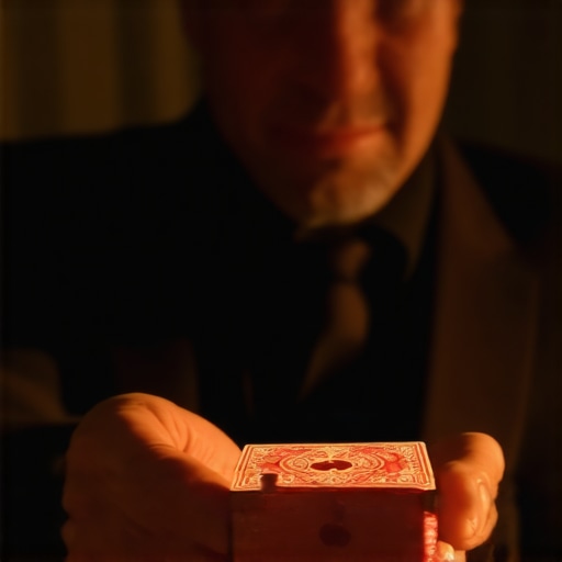 Magician performing a personalized close-up magic routine, engaging with an audience, warm lighting