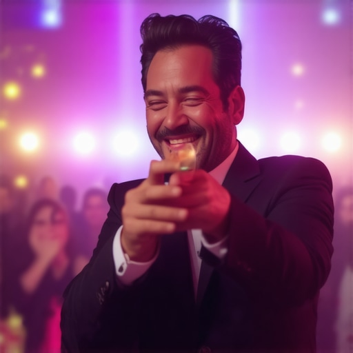 Magician interacting with cheerful guests during a magic performance