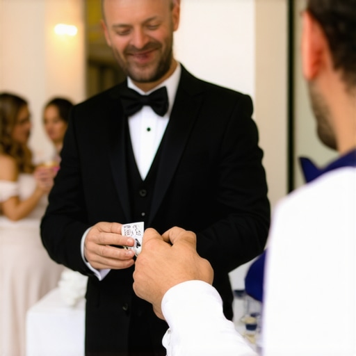 Magician performing close-up magic at a wedding with guests watching attentively
