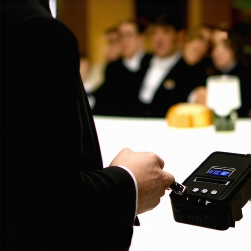 Magician demonstrating wireless control system during a live magic show.