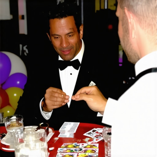 A magician captivating guests with close-up magic at a lively party.