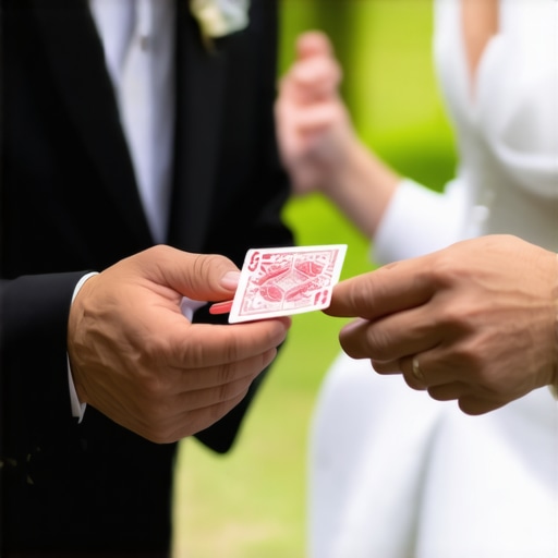 Magician performing a card trick with a guest at a wedding, lively atmosphere