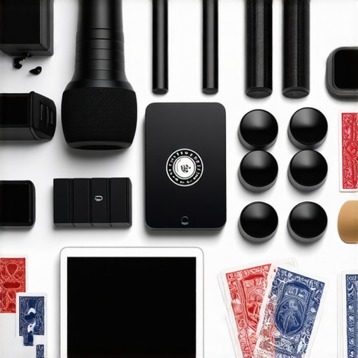 Magician's Tools for Performance Close-up of a magician's toolkit with lighting and sound equipment, cards, and a digital tablet.