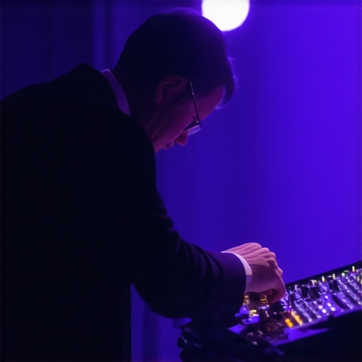 Magician inspecting lighting and microphone gear before an event.